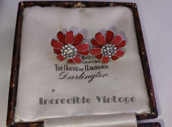 Vintage Enamel Rhinestone Daisy Flower Stud Earri… - image 4