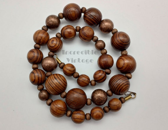 Vintage Wood Copper Chunky Beads Long Necklace Ha… - image 8