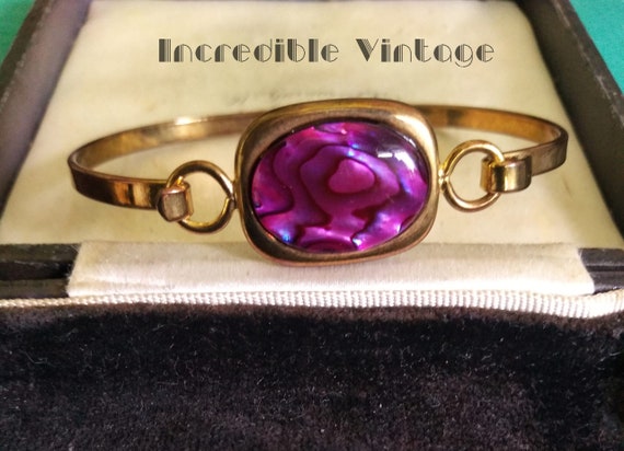 Vintage Pink Abalone Brass Bangle 1960s Mother Of… - image 2