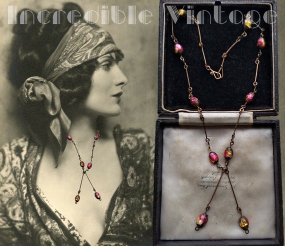 Antique Art Deco Venetian Czech Foil Glass Beads … - image 1