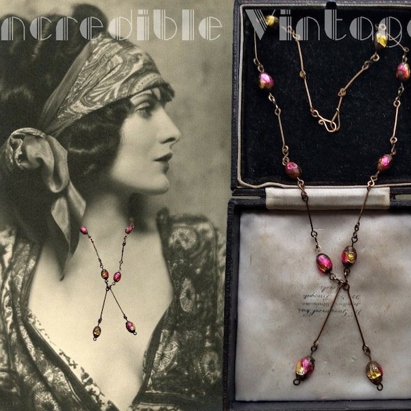 Antique Art Deco Venetian Czech Foil Glass Beads Negligee Tassel Necklace 1920s Jewellery Collector Beautiful Gift