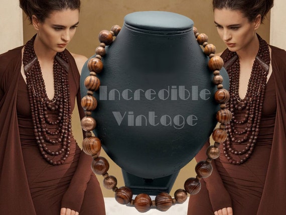 Vintage Wood Copper Chunky Beads Long Necklace Ha… - image 2
