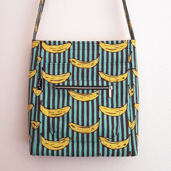 Kemi Crossbody Bag - large messenger bag - banana pop art shoulder bag with zipper and lots of pockets - vegan messenger bag - Kemi Bananas