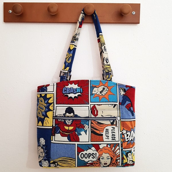 Borsa a Spalla Hamina - borsa a spalla grande con motivi di fumetto supereroe - borsa per tutti i giorni - borsa vegana - tote con tasche