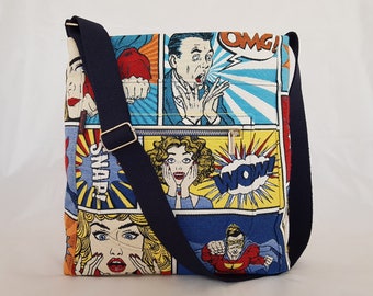 Kemi Crossbody Bag - large messenger bag - superhero comic bag - comic pop art bag - casual messenger bag - vegan friendly bag - Kemi Comic