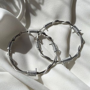 Large Barbed Wire Hoop Earrings / Silver Barbed Wire Circular Hoops image 1