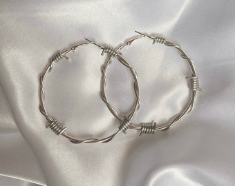 Large Barbed Wire Hoop Earrings / Silver Barbed Wire Circular Hoops