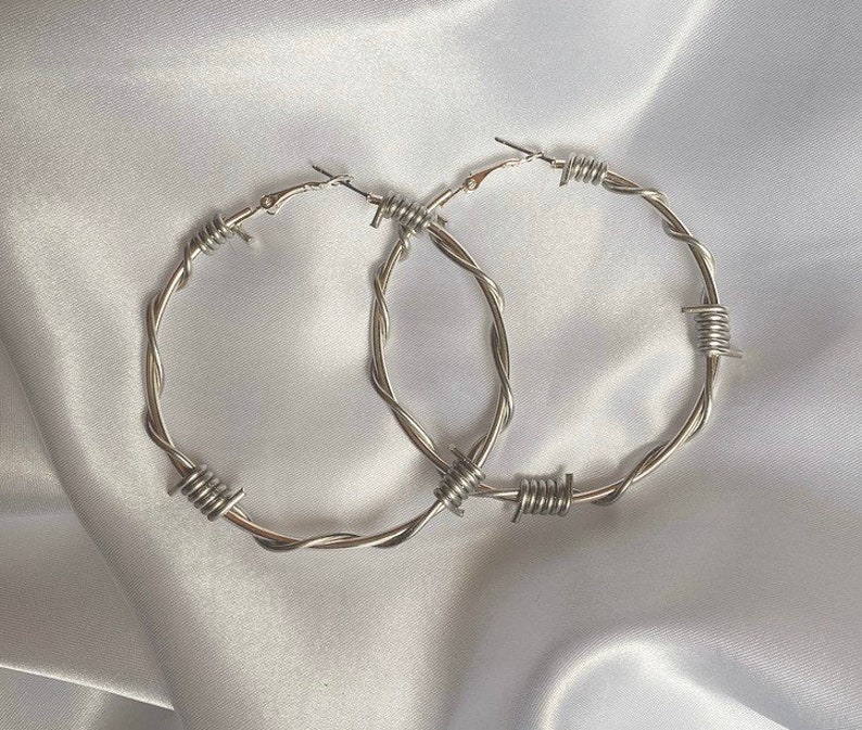 Large Barbed Wire Hoop Earrings / Silver Barbed Wire Circular Hoops image 2