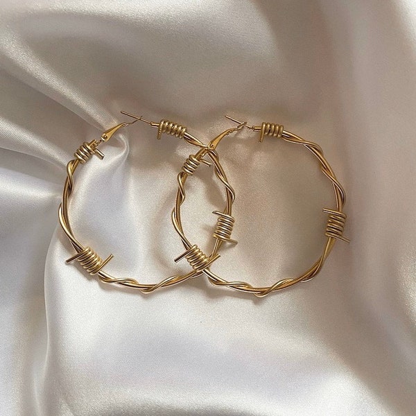 Large gold barbed wire hoop earrings - 6cm gold tone