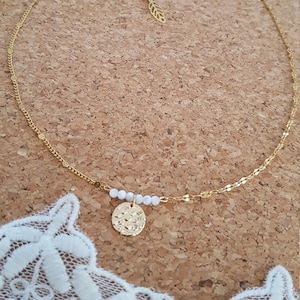 Mother-of-pearl necklace stainless steel natural stones hammered medal necklace women&#39;s gold chain gilded jewelry gift for women France