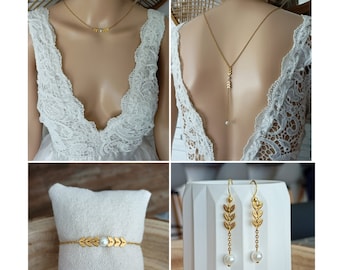 wedding jewelry set - Boho - set of pearls - white drop boho bride - classic gold ear of wheat chain - poetic France®