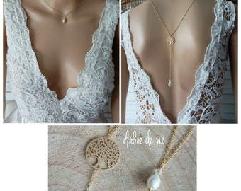 Back necklace - Tree of life - stainless steel backless jewel neckline - steel crystals - handmade back jewel lasso y France