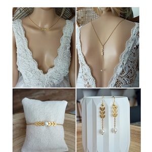 Wedding jewelry set - Boho - pearl set - white drop bridal boho - classic gold wheat ear chain - poetic stainless steel