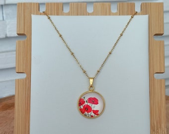 Women's poppy necklace cabochon glass in gold stainless steel, high definition photo, round pendant 18 mm poppy flower France