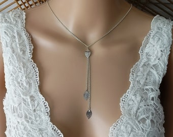 Silver leaf necklace y necklace plunging neckline wedding necklace - classic chain customizable fine necklace handmade jewelry France