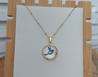 Necklace Hummingbird stainless steel gilded gold cabochon image bird gift for woman jewel Hummingbird handmade pendant stainless steel personalized france