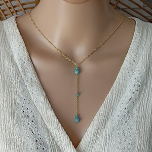 Aquamarine necklace natural stones stainless steel gold pearls stones woman woman Y necklace wedding gift woman France