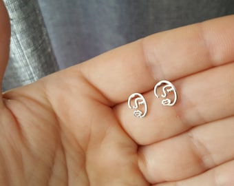 925 silver stud earrings - abstract face earrings modern art - women&#39;s face gift for Christmas birthday