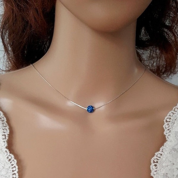 Collier perle shamballa bleu collier de perle femme collier mariage - chaine serpentine argent collier fin personnalisable