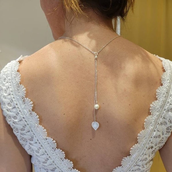 Collier dos amovible cœur acier inoxydable - collier mariage - collier dos nu mariage - bijou amovible  perles fait main joli coeur France