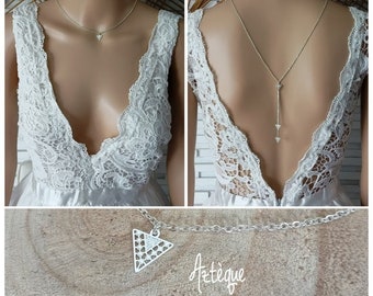 collier de dos Aztèque acier inoxydable argent triangle géométrique bijou de dos nu décolleté - bridal lace jewelry -fait main France