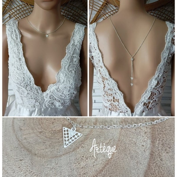 collier de dos Aztèque acier inoxydable argent triangle géométrique bijou de dos nu décolleté - bridal lace jewelry -fait main France