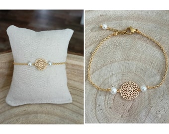 Bracelet perles fleur bohème or mandala - Bracelet mariage graine de vie blanche - bijou de poignet Gold-Filled promesse fait main France