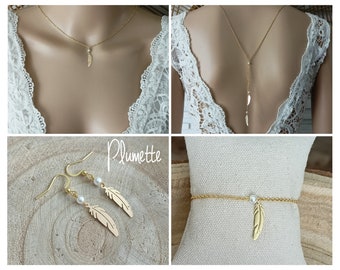 conjunto de boda de mujer de acero inoxidable| Bohemio | conjunto de cuentas | pluma nupcial boho blanca - cadena plumette dorada clásica France®