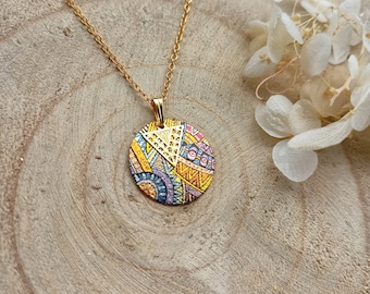 Women's necklace enamelled golden stainless steel, high definition photo, round pendant 18 mm in diameter dandelion flowers, made in France