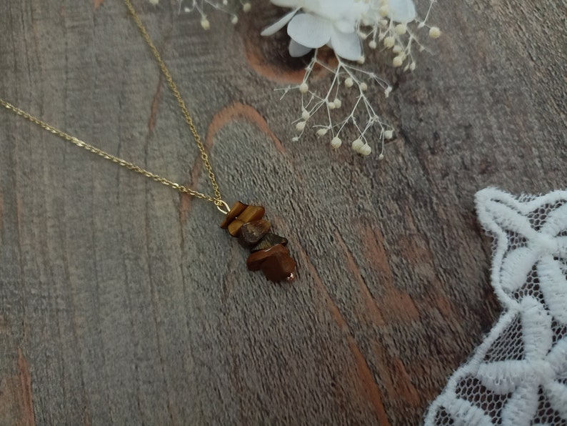 Tiger eye necklace natural stones gold filled baroque stones chips woman Gold-Filled woman chain 14 k jewel gift woman France