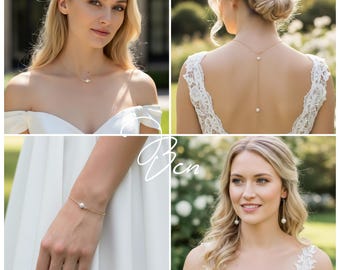 May include: A gold-toned jewelry set featuring a delicate necklace with a single pearl, a back-drop necklace with two pearls, a thin bracelet with a central pearl, and dangling earrings each accented with a single white pearl.