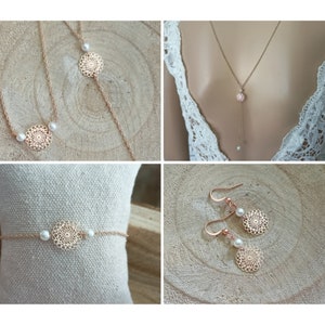 rose gold stainless steel jewelry set Darling pearl set white bridal classic chain mandala customizable rosette France® image 1