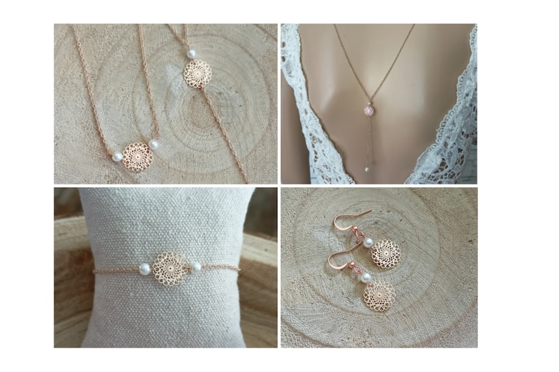 rose gold stainless steel jewelry set Darling pearl set white bridal classic chain mandala customizable rosette France® image 1