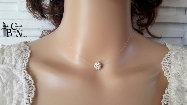 Pearl necklace Solitaire ras neck disco-pearl shamballa white rhinestones-transparent thread invisible nylon-discreet necklace bride-France