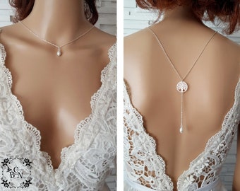 back necklace - Tree of life - stainless steel backless neckline jewelry - steel crystals - bridal lace jewelry - handmade France