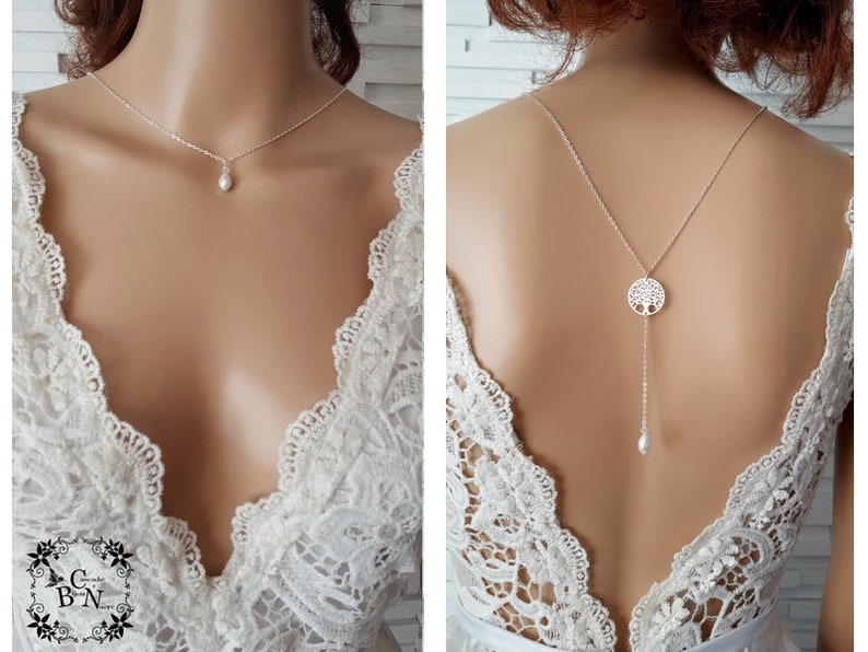 collier de dos Arbre de vie acier inoxydable bijou de dos nu décolleté acier cristaux bridal lace jewelry fait main France image 1