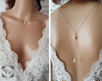 Collier mariage - Eclat - acier inoxydable collier de dos blanc ou ivoire argenté - collier dos nu mariage - bridal lace jewelry - France