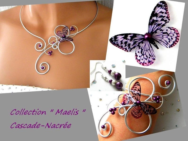 jewelry set Butterfly Steve Purple aluminum bead wedding 3D personalized wedding hand Made in France bridal set