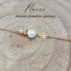 Bracelet Nacre personnalisé | Lettre initiale fleur de tiare | Pierre naturelle Or gold filled | bracelet femme pierre | bracelet prénom