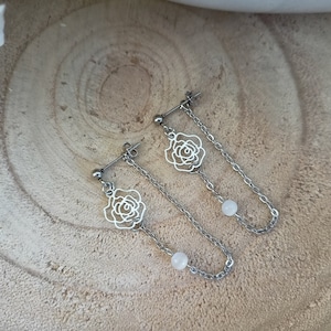 baumelnde Ohrringe Blumen Edelstahl Braut Silber Hochzeit Ohrringe - anpassbare natürliche Mondsteine - Frankreich