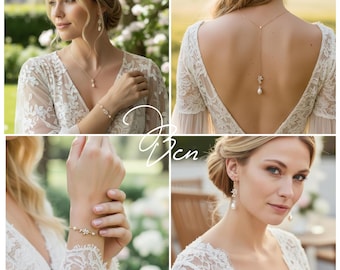May include: A gold-toned jewelry set featuring a necklace with a back drop, a bracelet, and dangling earrings. Each piece is adorned with small clear crystals arranged in a floral pattern and a single white teardrop pearl accent.