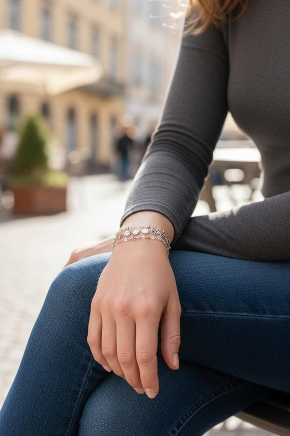Bracelet Femme Triple Chaîne En Acier Inoxydable Avec Perles - Neuf Avec étiquettes