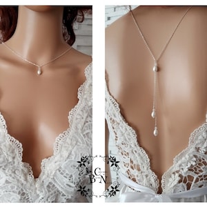 Wedding necklace - Precious - stainless steel white or silver ivory back necklace - wedding backless necklace - bridal lace jewelry -France