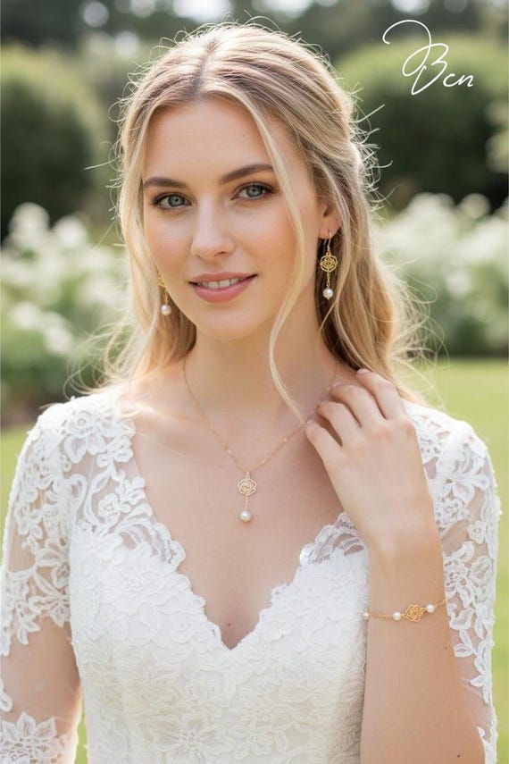 Stainless Steel Flower Wedding Jewelry Set - Pearl Set - White Melyna Boho  Bride - Gold Chain With Rose Gold Flower for Women - Etsy
