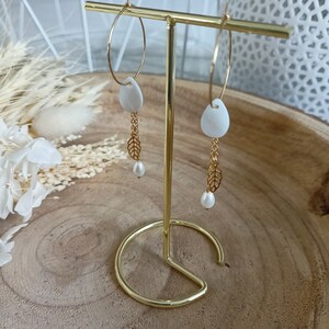 Creole mother-of-pearl drop earrings for women with openwork leaf in gold-plated stainless steel Handmade jewelry mother-of-pearl earrings made in France