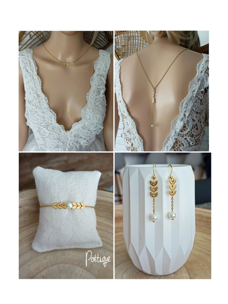 wedding jewelry set Boho set of pearls white drop boho bride classic gold ear of wheat chain poetic France® image 1