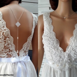 Back necklace - Julia - stainless steel silver backless neckline jewelry - wedding necklace - steel - bridal lace jewelry - France