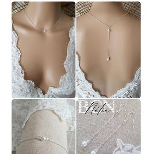 Removable stainless steel silver set - Nélia silver bridal back necklace - silver bridal back necklace wedding jewelry set France
