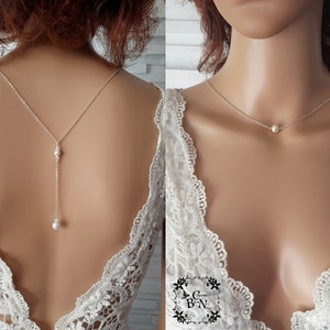 Wedding necklace - Etincelle - stainless steel white or silver ivory back necklace - wedding backless necklace - bridal lace jewelry France