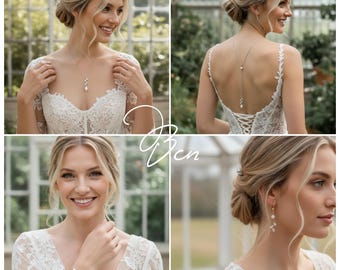 Parure de mariée branche de feuilles en cristal bijoux de mariage | Zoé | ensemble cristaux swarovski goutte - acier inox argent | France